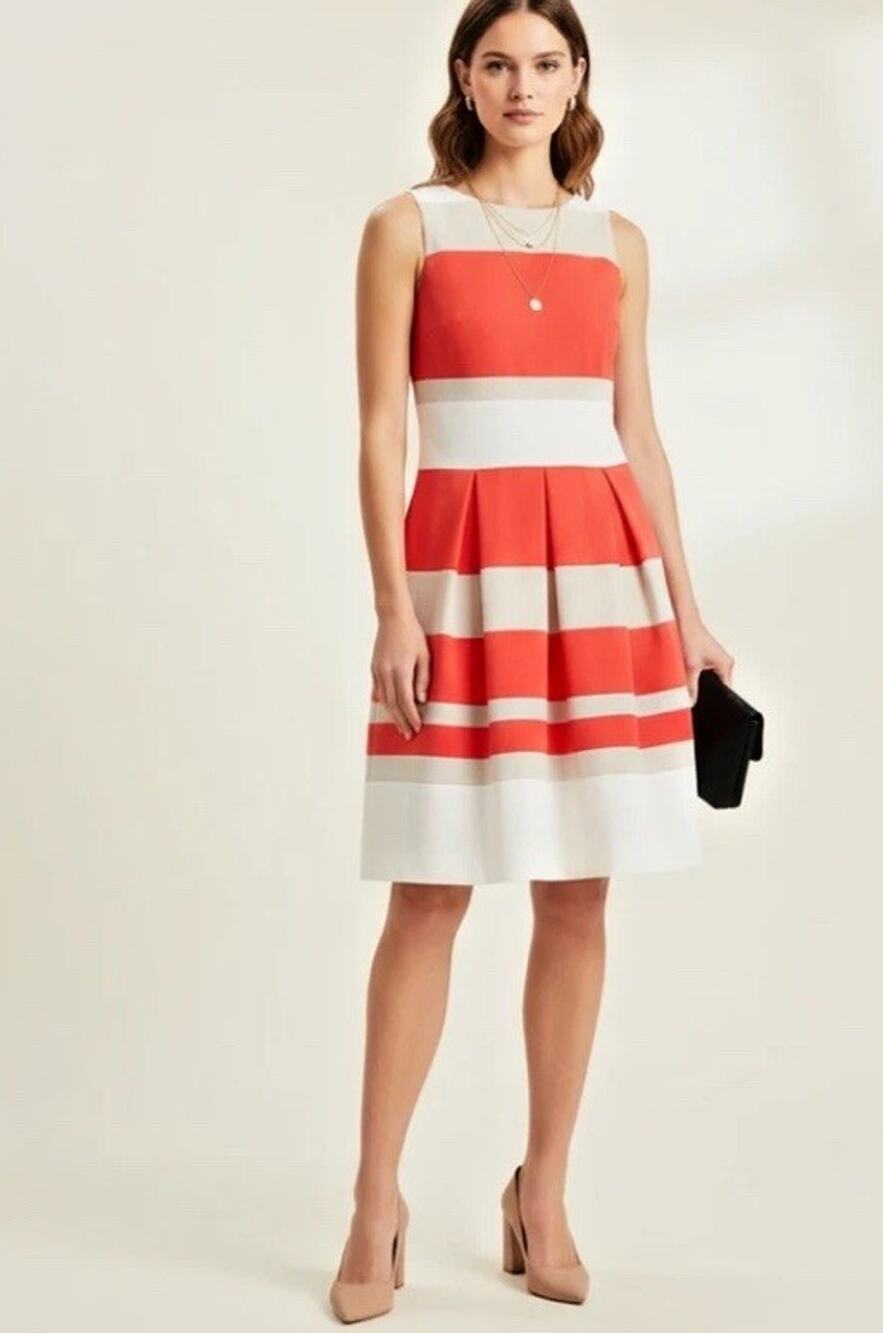 Lauren Ralph Lauren Coral Sleeveless Striped Pleated Dress Fit & Flare Sz 10